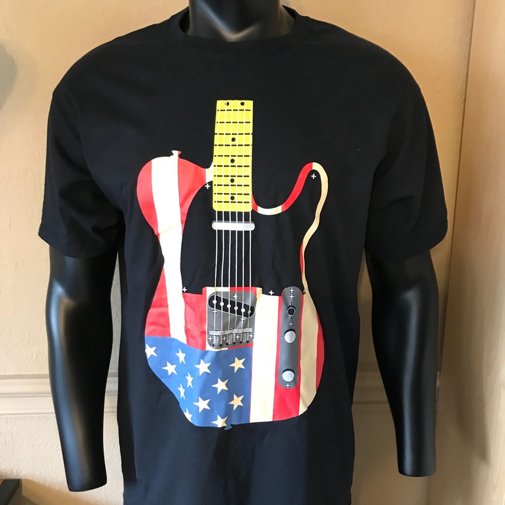 American Guitar Shirt Black With Flag Guitar Large